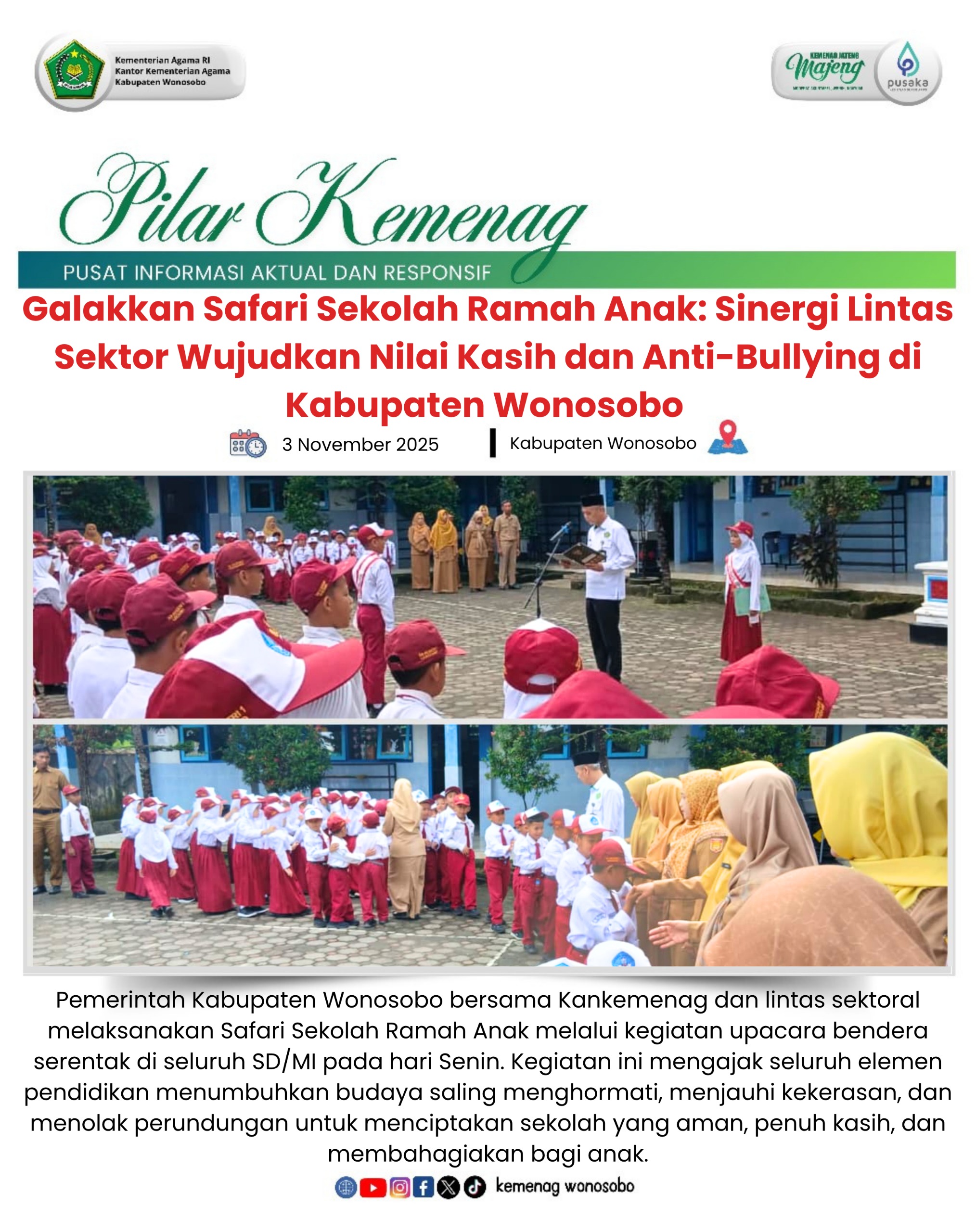 Galakkan Safari Sekolah Ramah Anak: Sinergi Lintas Sektor Wujudkan Nilai Kasih dan Anti-Bullying di Kabupaten Wonosobo