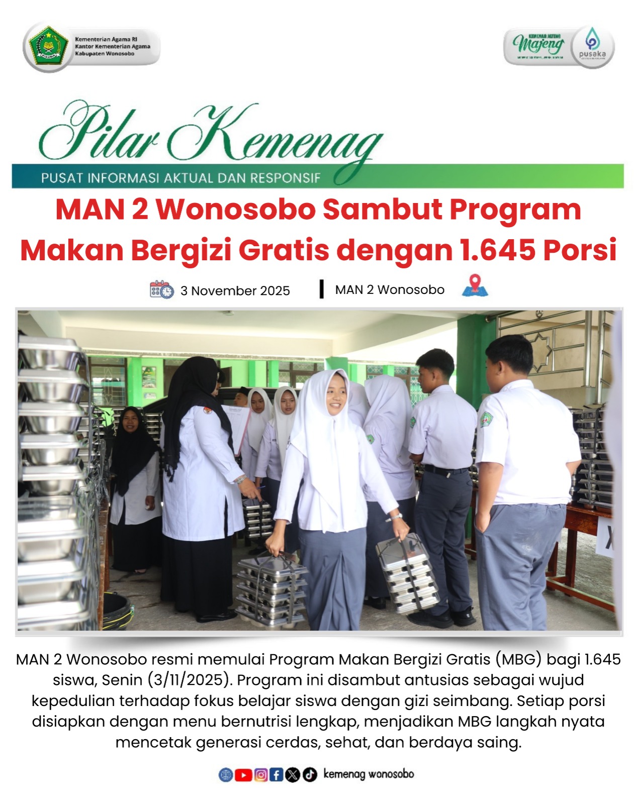 MAN 2 Wonosobo Sambut Program Makan Bergizi Gratis dengan 1.645 Porsi
