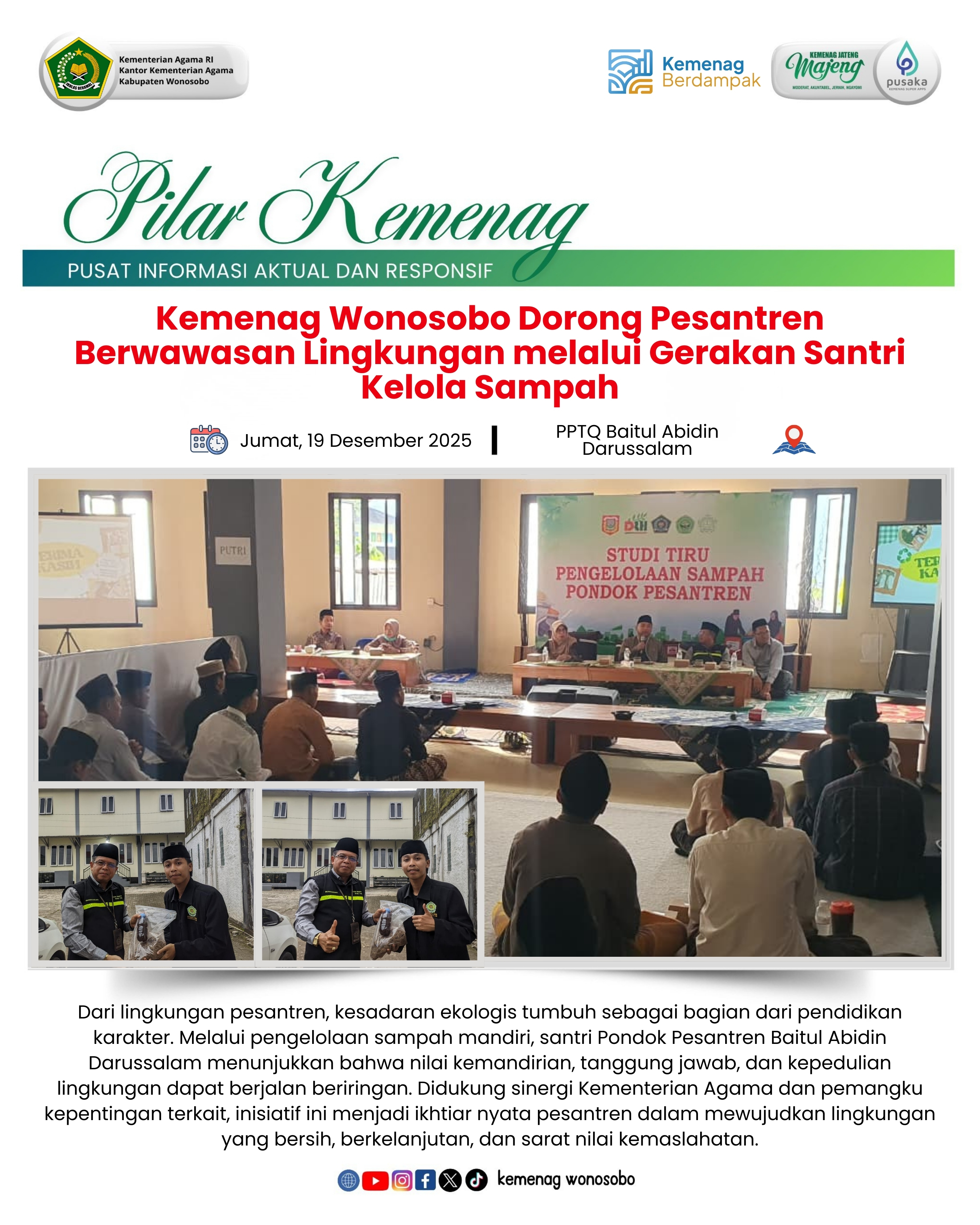 Kemenag Wonosobo Dorong Pesantren Berwawasan Lingkungan melalui Gerakan Santri Kelola Sampah