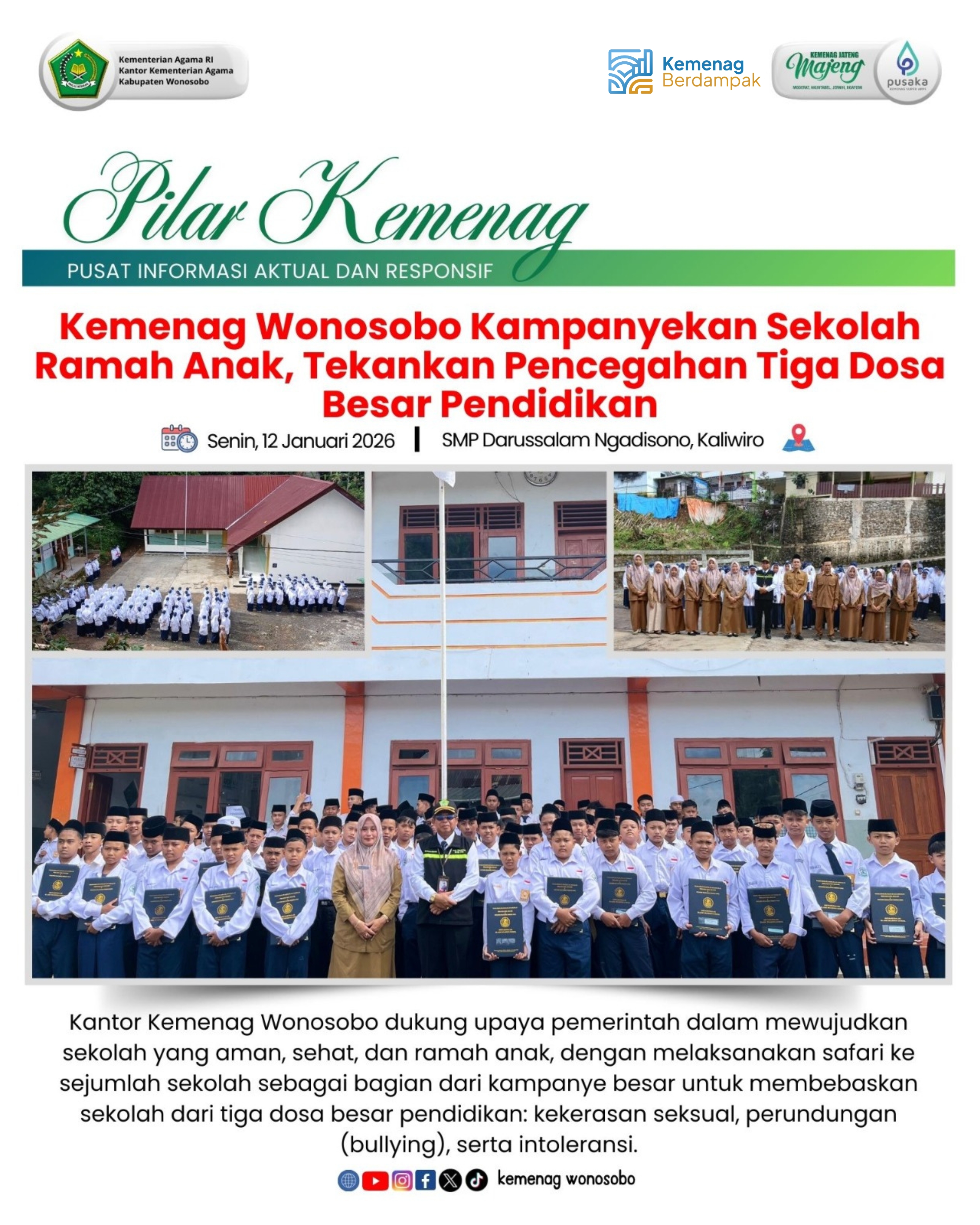 Kemenag Wonosobo Kampanyekan Sekolah Ramah Anak, Tekankan Pencegahan Tiga Dosa Besar Pendidikan