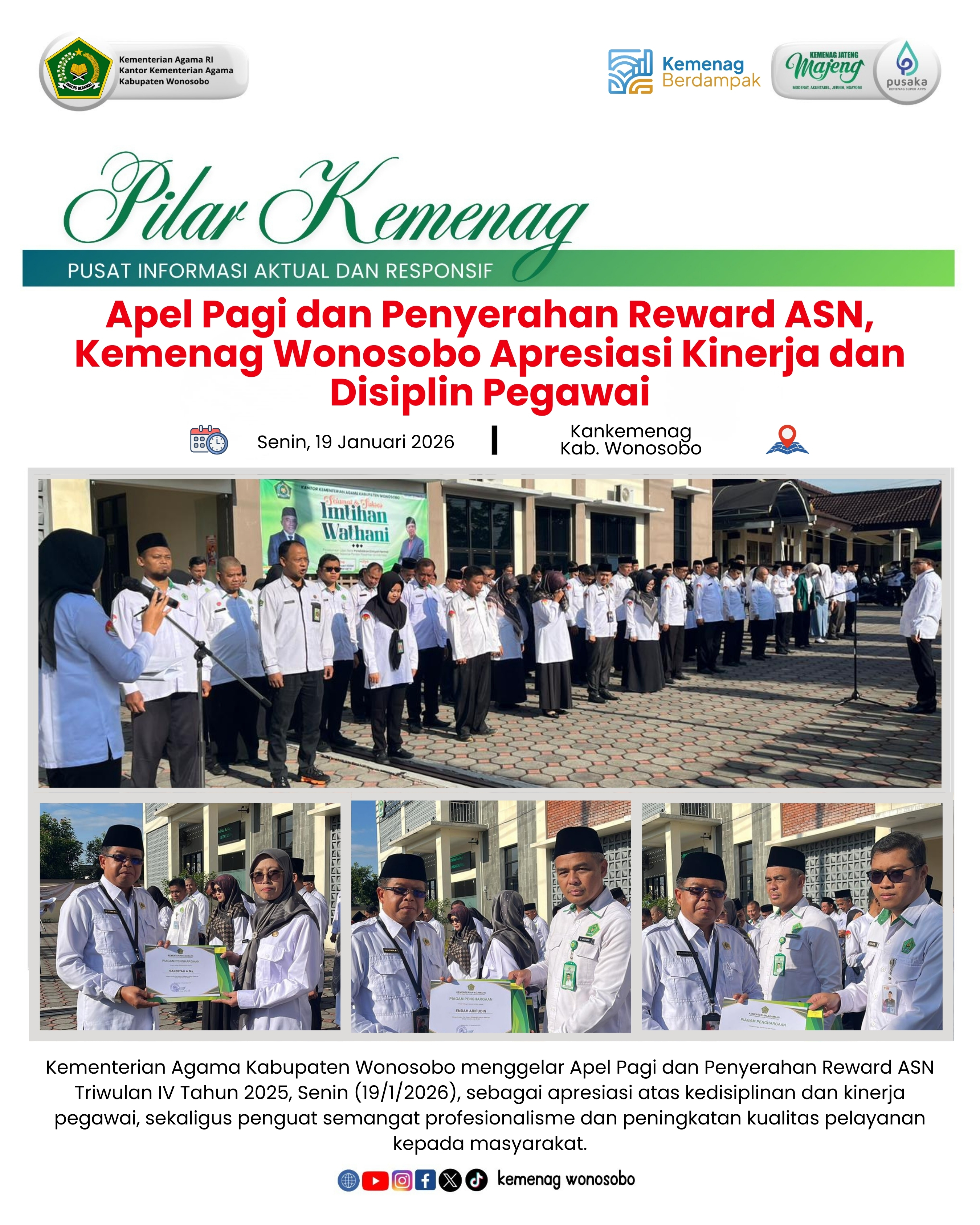 Apel Pagi dan Penyerahan Reward ASN, Kemenag Wonosobo Apresiasi Kinerja dan Disiplin Pegawai